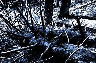 Kışın donmuş ormanda yağlı boya efektiyle devrilmiş ağaçlar.