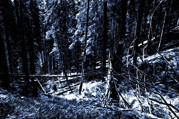 Kış Mevsiminde Yağlı Boya Etkisiyle Donmuş Orman — Stok fotoğraf