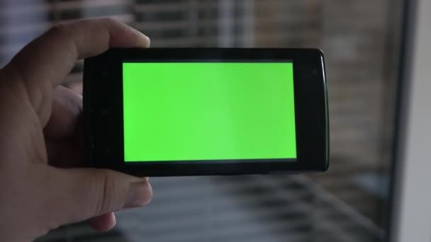 Mano Maschile Che Tiene Telefono Cellulare Verticalmente Con Schermo Verde — Video Stock