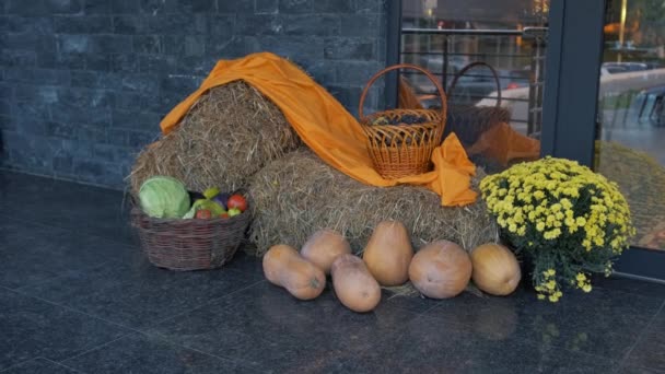 Decoración de otoño con pacas de paja, calabazas, flores y una cesta con verduras. — Vídeos de Stock