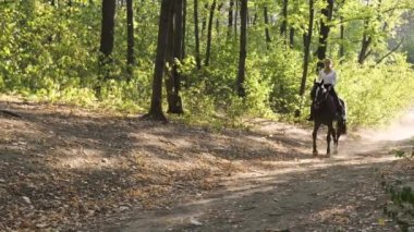 Parkta siyah bir atla yürüyen güzel bir kadın..