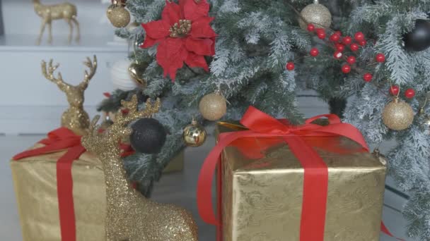 Cierre de cajas de regalo bajo el árbol de Navidad. — Vídeo de stock