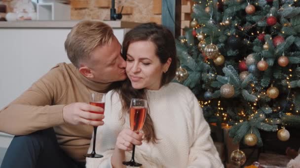 Couple assis et câlin près du sapin de Noël et boire du champagne. — Video