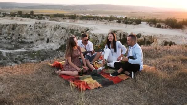 Quatre amis applaudissant avec de la bière et souriant assis sur la couverture au pique-nique. — Video