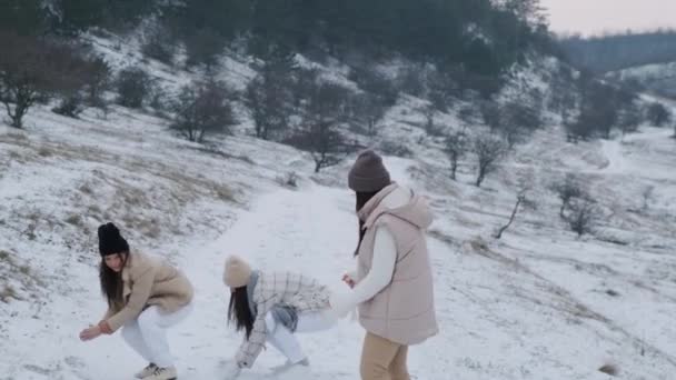 Grupo de três amigos felizes se divertindo e brincando com a neve no parque de inverno. — Vídeo de Stock