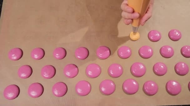 Kock gör av en rosa och orange makaroner, häll fyllningen på bakplåtspapper. — Stockvideo