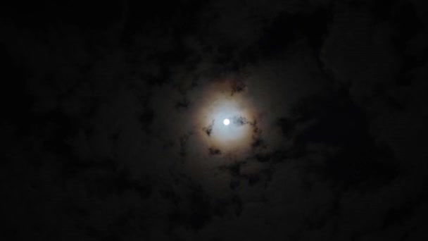 Wolken passeren 's nachts de maan. Volle maan 's nachts met bewolking real time, time lapse. — Stockvideo