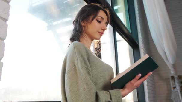 Schöne Frau sitzt am Fenster und liest ein Buch vor dem Hintergrund des Sonnenuntergangs. — Stockvideo