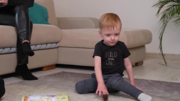 El niño está jugando con su padre, mientras que su madre trabaja usando un cuaderno. — Vídeos de Stock