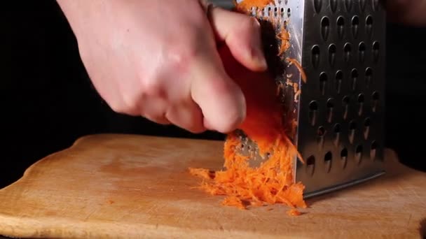 Healthy Food Concept Man Rubs Carrot Grater Grated Carrots Cutting — Stock Video