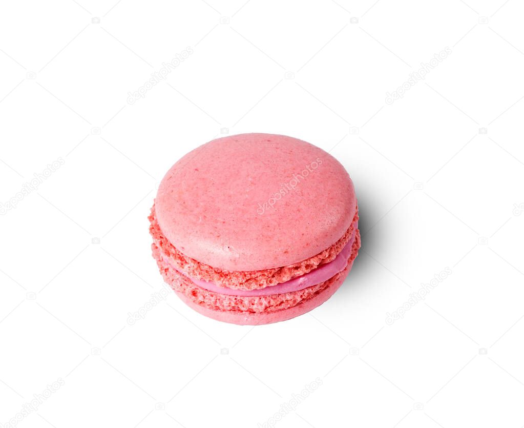 Strawberry pink macaron isolated on white background. with a shadow.