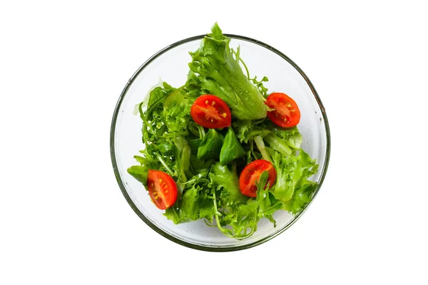 Concetto Cibo Sano Insalata Fresca Con Rucola Pomodorini Lattuga Isolata — Foto Stock