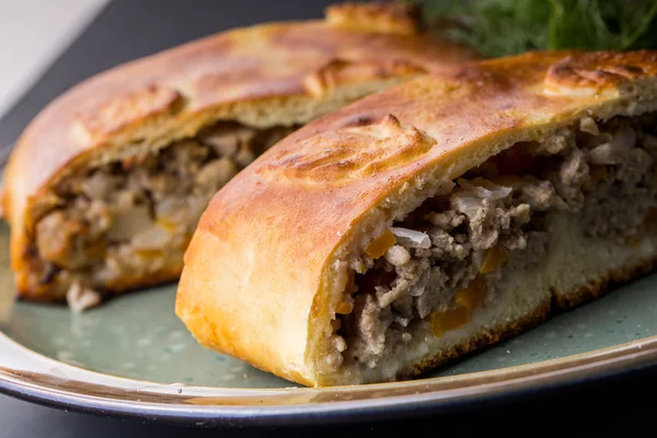 Savoury meat pie with a beef filling on a rustic plate — Stock Photo, Image