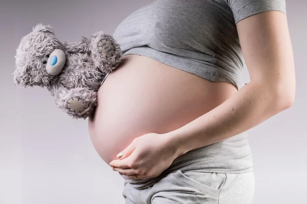 妊娠。妊娠中の女性持株へそに小さなグッズ テディベア — ストック写真