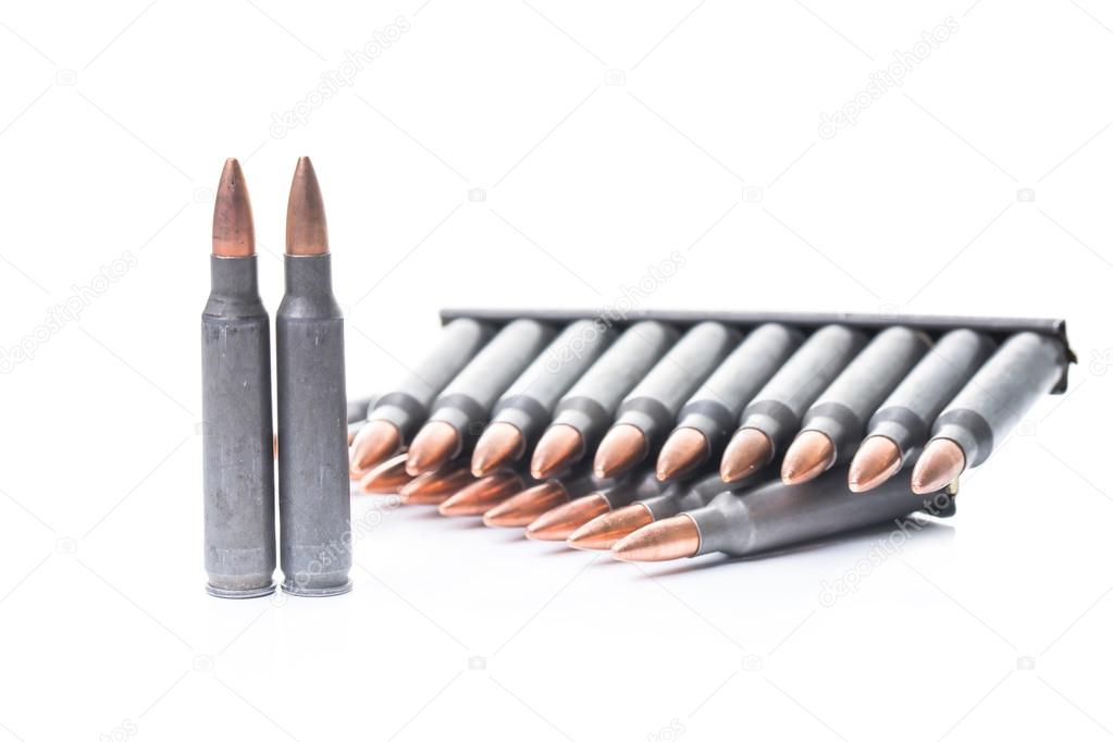 ar15 m16 m4 kalashnikov cartridges with ammo clip isolated on wh
