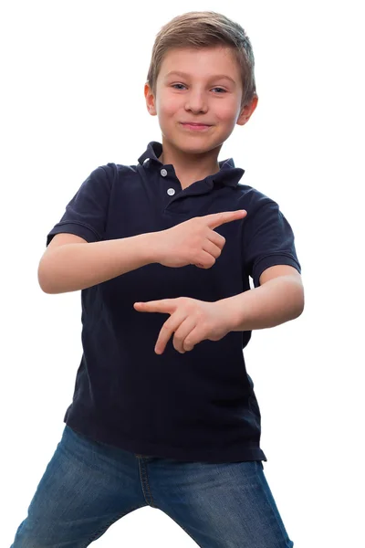 Photo of adorable young happy boy looking at camera and dancing — Stock Photo, Image