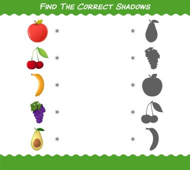 Çizgi film meyvelerinin doğru gölgelerini bul. Arama ve Eşleştirme oyunu. Okul öncesi çocuklar ve bebekler için eğitici bir oyun