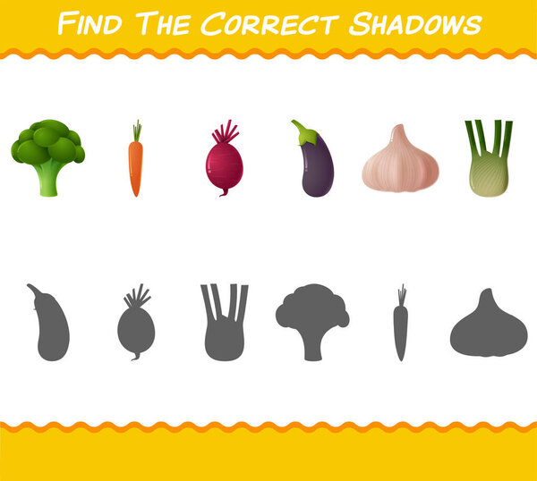 Find the correct shadows of cartoon vegetables. Подбор и подбор игроков. Воспитательная игра для детей дошкольного возраста