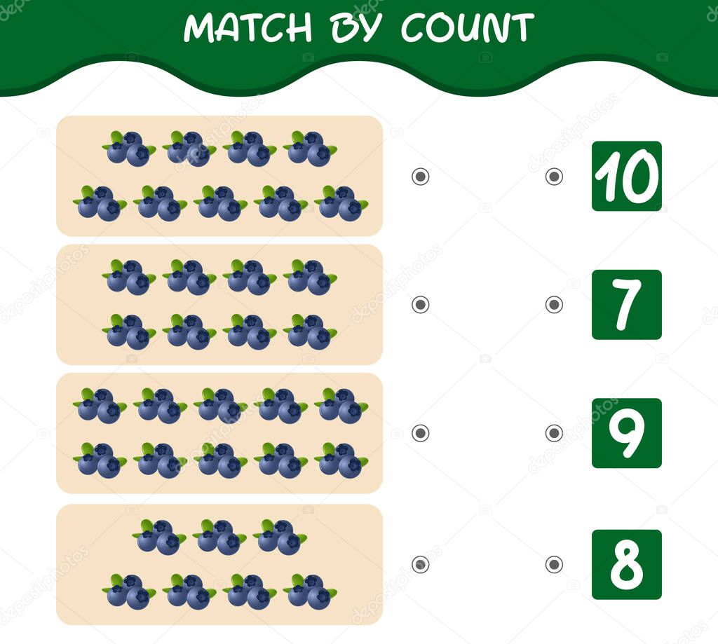 Match by count of cartoon blueberries. Match and count game. Educational game for pre shool years kids and toddlers