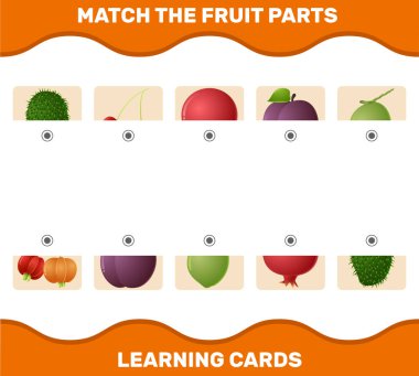 Match cartoon fruits parts. Matching game. Educational game for pre shool years kids and toddlers clipart