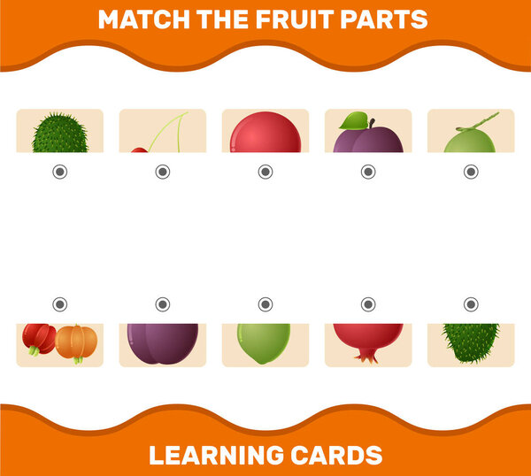Match cartoon fruits parts. Matching game. Educational game for pre shool years kids and toddlers