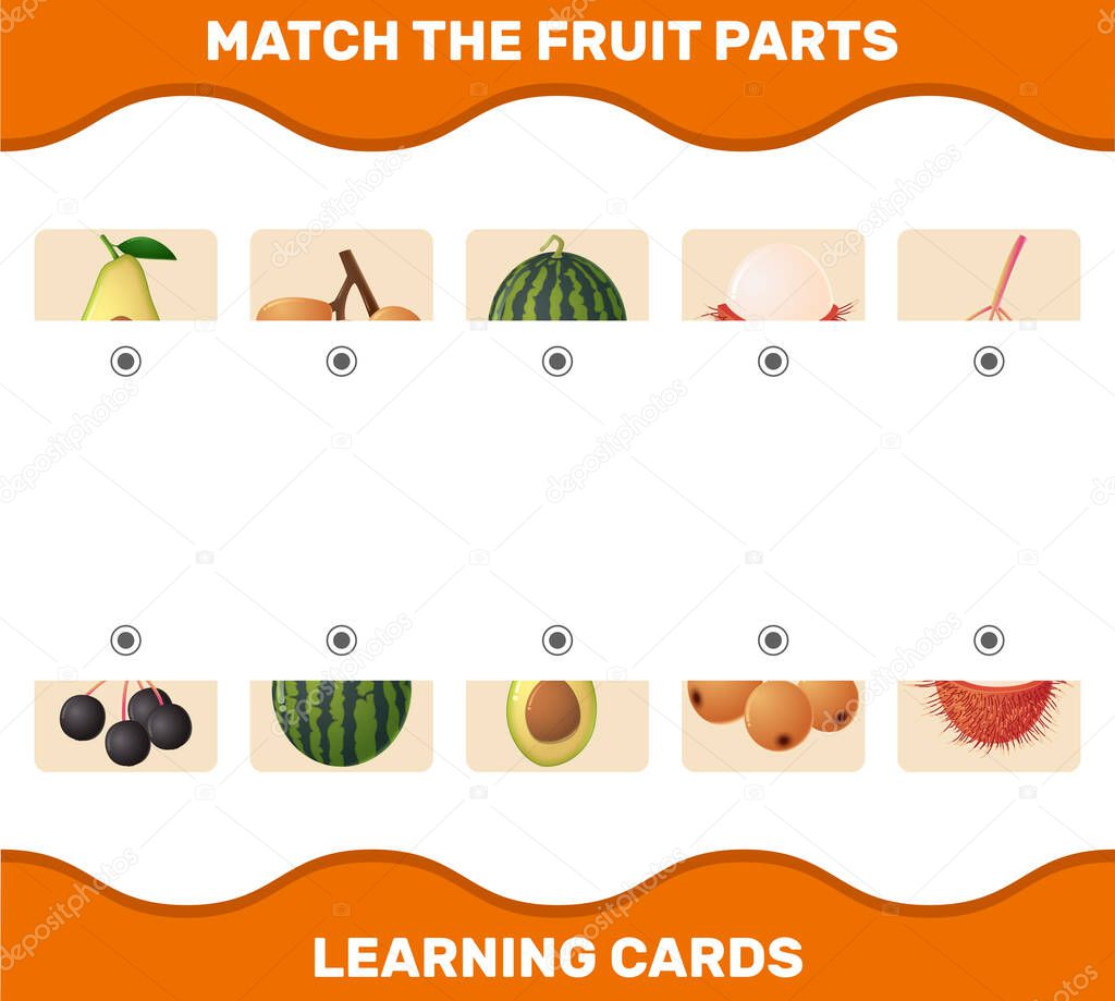 Match cartoon fruits parts. Matching game. Educational game for pre shool years kids and toddlers