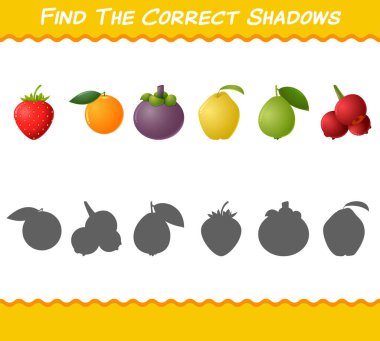 Çizgi film meyvelerinin doğru gölgelerini bul. Arama ve Eşleştirme oyunu. Okul öncesi çocuklar ve bebekler için eğitici bir oyun