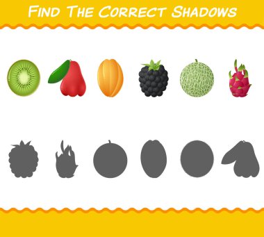 Çizgi film meyvelerinin doğru gölgelerini bul. Arama ve Eşleştirme oyunu. Okul öncesi çocuklar ve bebekler için eğitici bir oyun
