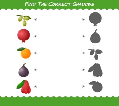 Çizgi film meyvelerinin doğru gölgelerini bul. Arama ve Eşleştirme oyunu. Okul öncesi çocuklar ve bebekler için eğitici bir oyun