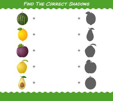 Çizgi film meyvelerinin doğru gölgelerini bul. Arama ve Eşleştirme oyunu. Okul öncesi çocuklar ve bebekler için eğitici bir oyun