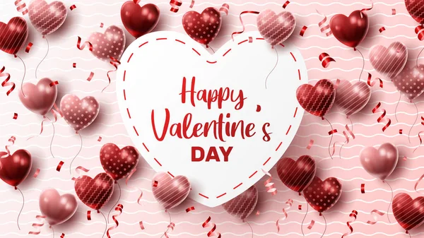 Happy Valentine Day Background Heart Balloon Present Composition Banner Poster — Image vectorielle
