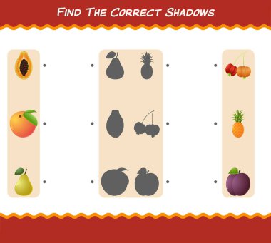 Çizgi film meyvelerinin doğru gölgelerini bul. Arama ve Eşleştirme oyunu. Okul öncesi çocuklar ve bebekler için eğitici bir oyun