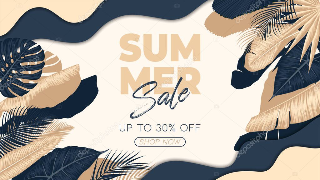 Summer Sale Banner With Tropical Leaves Background. Vector Illustration