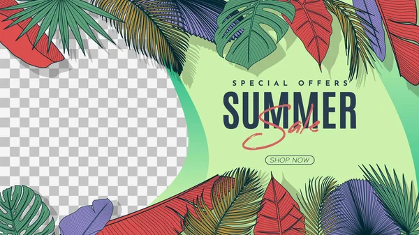 Sommar Försäljning Banner Med Tropiska Blad Bakgrund Vektor Illustration — Stock vektor
