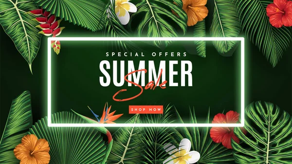 Summer Sale Banner Tropical Leaves Background Vector Illustration — Stock Vector