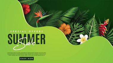 Tropikal Yapraklar Arkaplanlı Yaz Satışı Afişi. Vektör İllüstrasyonu