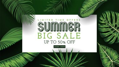 Tropikal Yapraklar Arkaplanlı Yaz Satışı Afişi. Vektör İllüstrasyonu