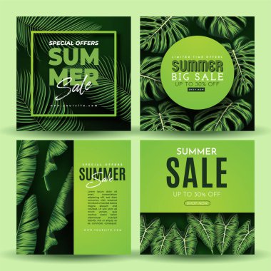 Tropikal Yapraklar Arkaplanlı Yaz Satışı Afişi. Vektör İllüstrasyonu