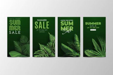 Tropikal Yapraklar Arkaplanlı Yaz Satışı Afişi. Vektör İllüstrasyonu