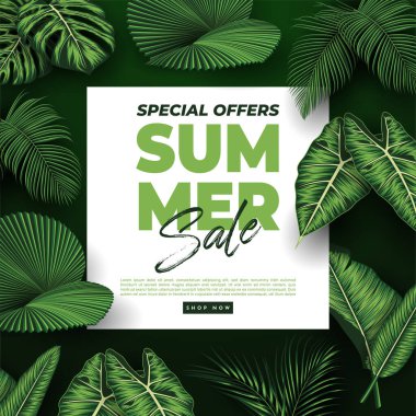 Tropikal Yapraklar Arkaplanlı Yaz Satışı Afişi. Vektör İllüstrasyonu