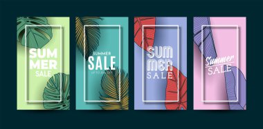 Tropikal Yapraklar Arkaplanlı Yaz Satışı Afişi. Vektör İllüstrasyonu