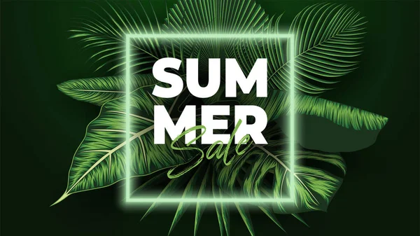 Sommar Försäljning Banner Med Tropiska Blad Bakgrund Vektor Illustration — Stock vektor
