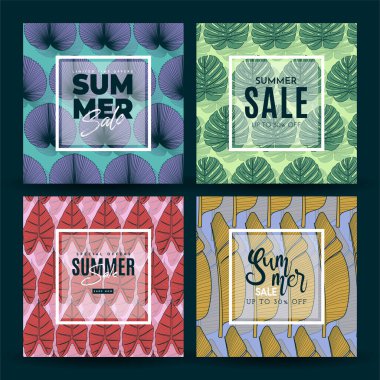 Tropikal Yapraklar Arkaplanlı Yaz Satışı Afişi. Vektör İllüstrasyonu