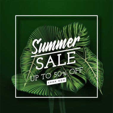 Tropikal Yapraklar Arkaplanlı Yaz Satışı Afişi. Vektör İllüstrasyonu