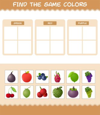 Aynı renkte meyveler bul. Arama ve Eşleştirme oyunu. Okul öncesi çocuklar ve bebekler için eğitici bir oyun