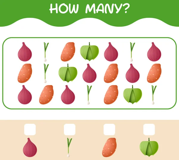 Hur Många Tecknade Grönsaker Räknar Spel Utbildningsspel För Förskoleår Barn — Stock vektor