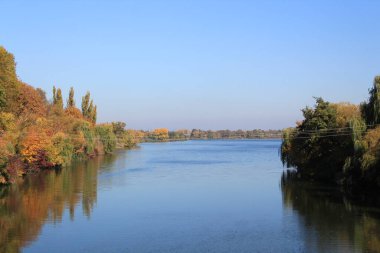 Suyun üzerindeki sonbahar manzarası ağaçları