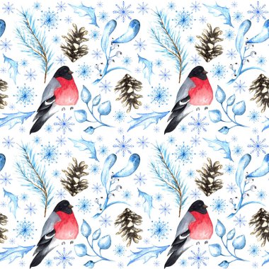 Boğa ispinozu kuşunun suluboya deseni, kış yaprakları