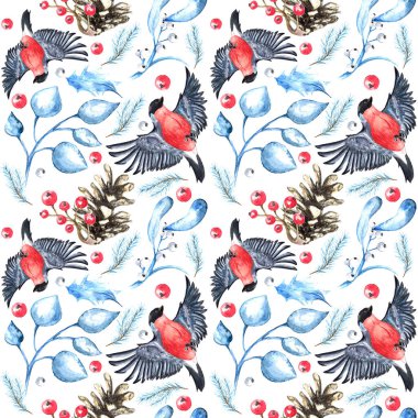 Boğa ispinozu kuşunun suluboya deseni, kış yaprakları