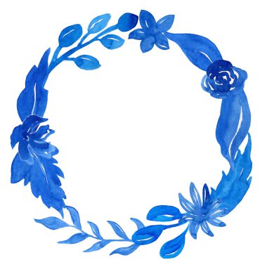 Suluboya çiçek çemberi çerçevesi. Mavi yapraklar ve çiçek çelengi. Doğa yeşilliği